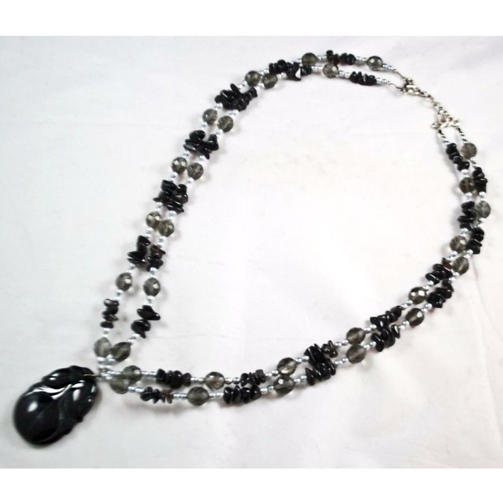 Carved Black Onyx, Bead & Pearl 2 Strand Necklace